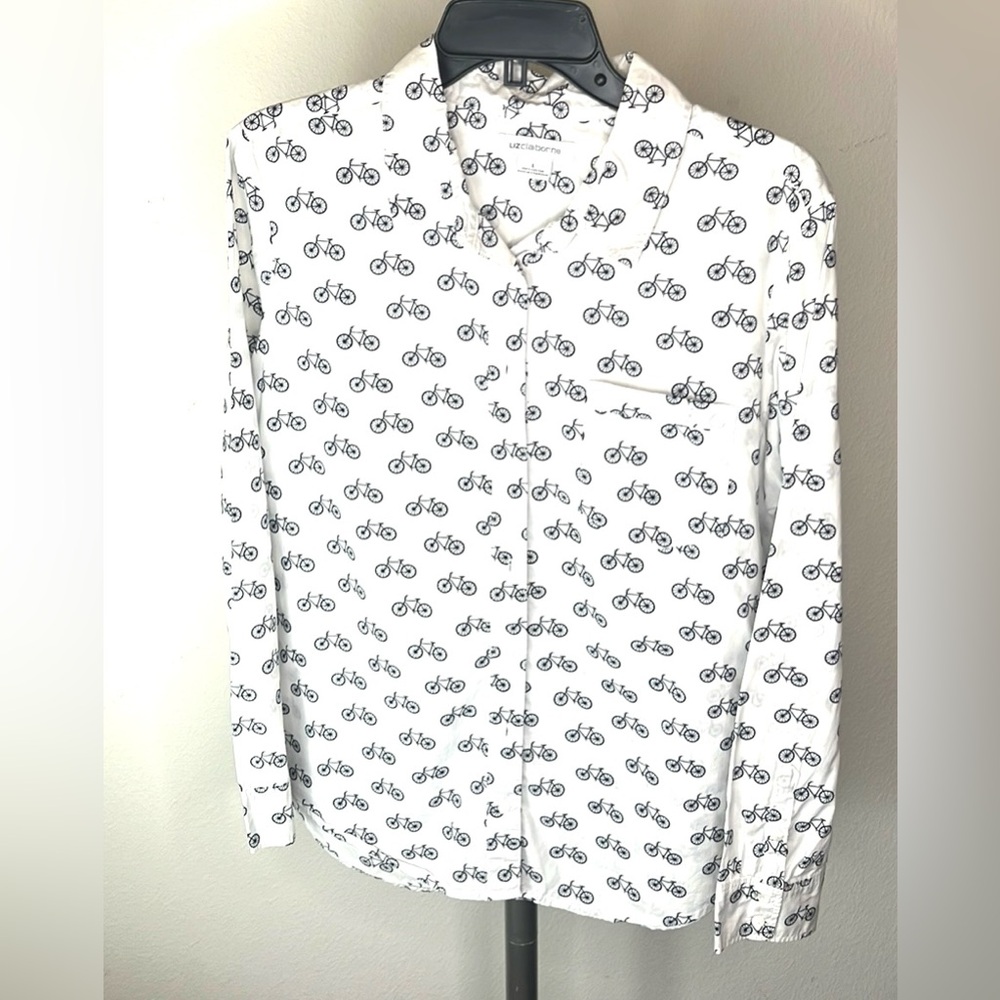 Liz Claiborne  Large 100% Cotton Button Down Shirt Navy Blue Bicycle 🚲 Print